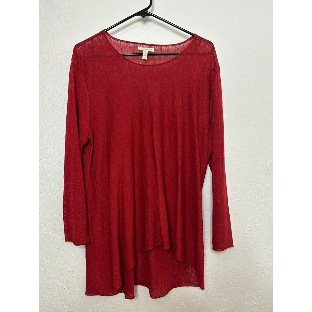 Eileen Fisher Red Organic Linen Blend High Low Tunic Sweater Small